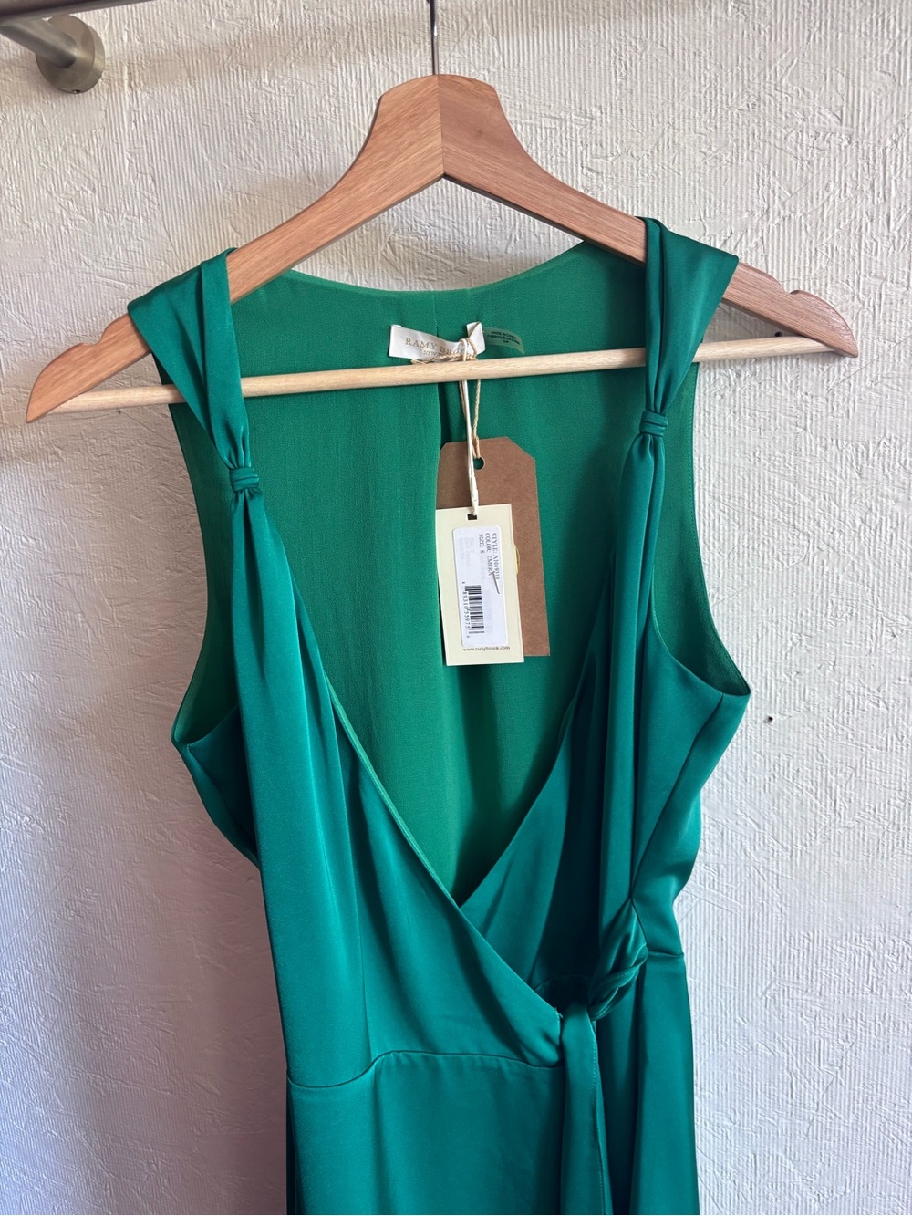NWT Ramy Brook Emerald Jade Green Satin Charmeuse Mini Knot Detail Wrap Dress - Picture 8 of 15